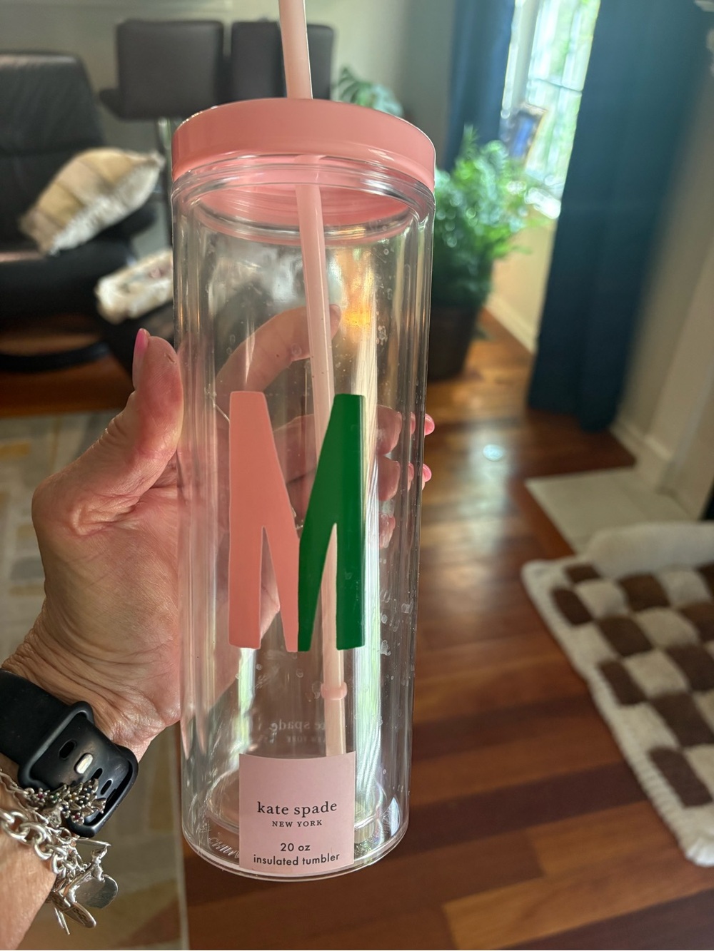 kate spade Clear Tumbler with Pink Lid and Green Accent with the letter M